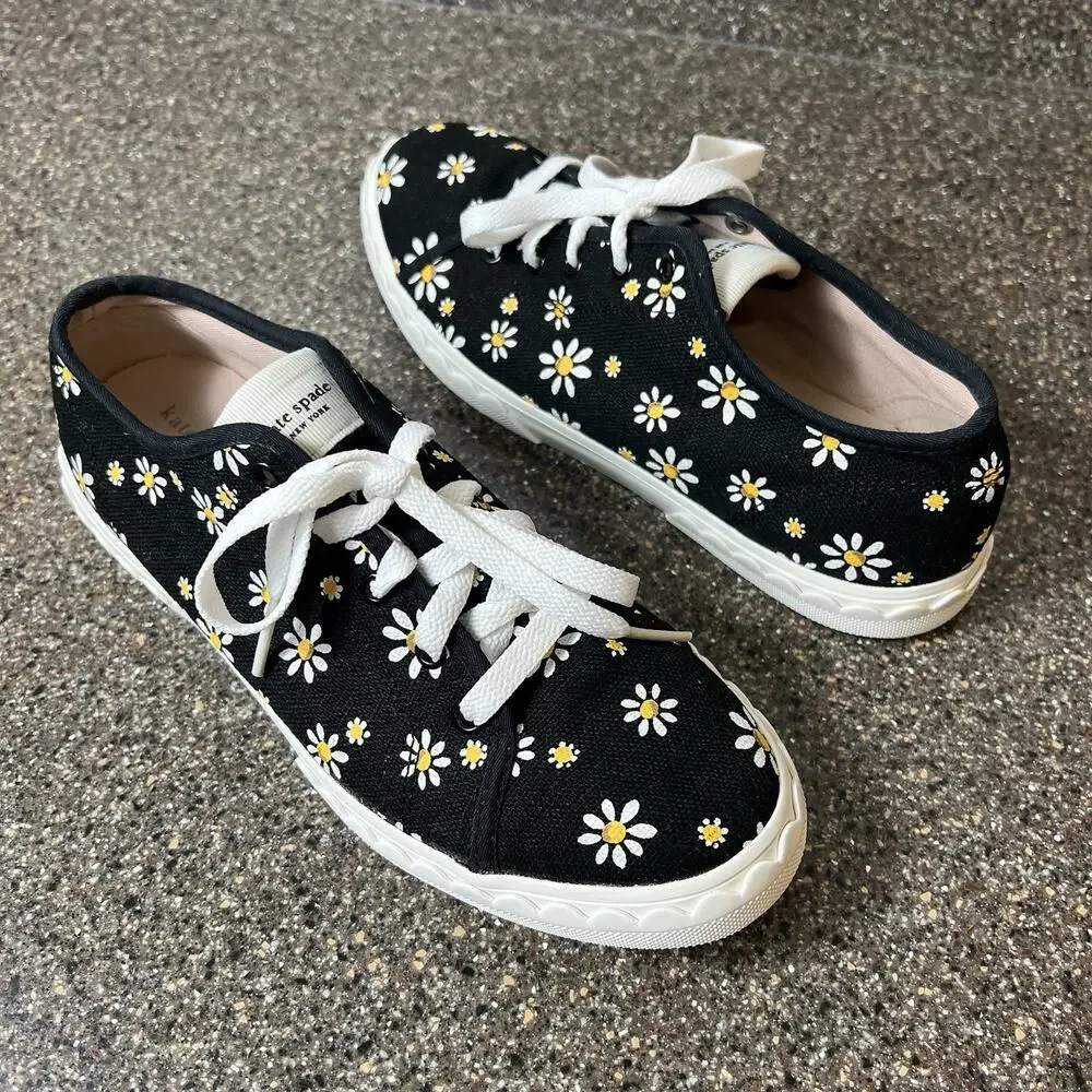 kate spade new york Sneaker Floral Daisies Canvas Black Women Sz 7.5 Lace Up Low